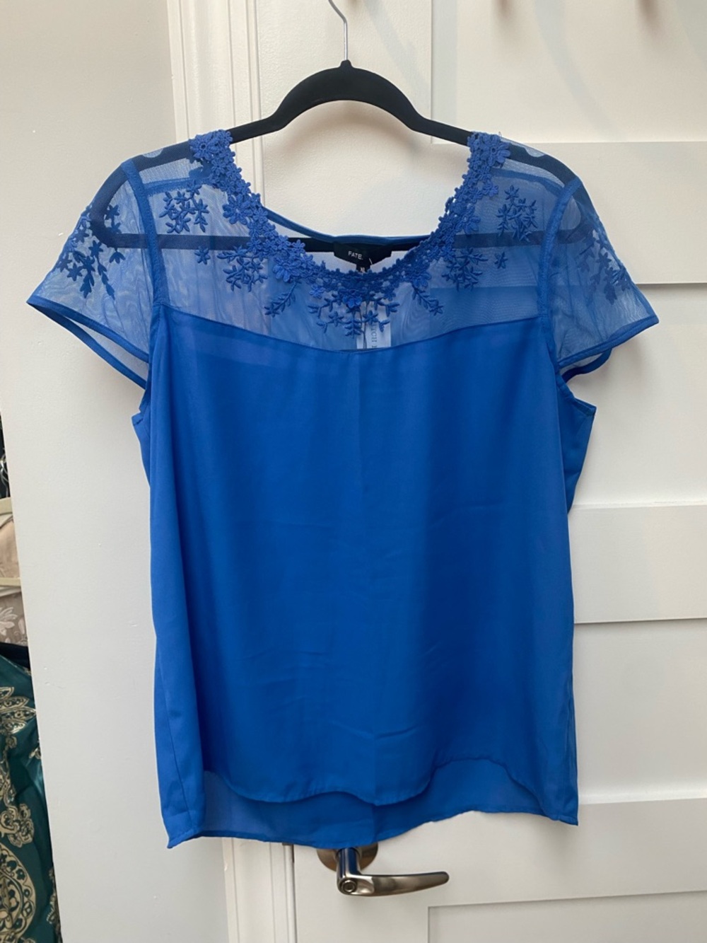 Fate Royal Blue Mesh embroidered lightweight, short sleeve blouse